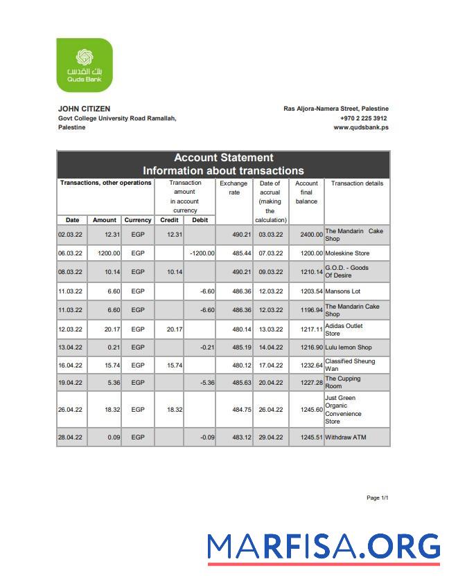 Blank Palestine Quds bank statement excel real example